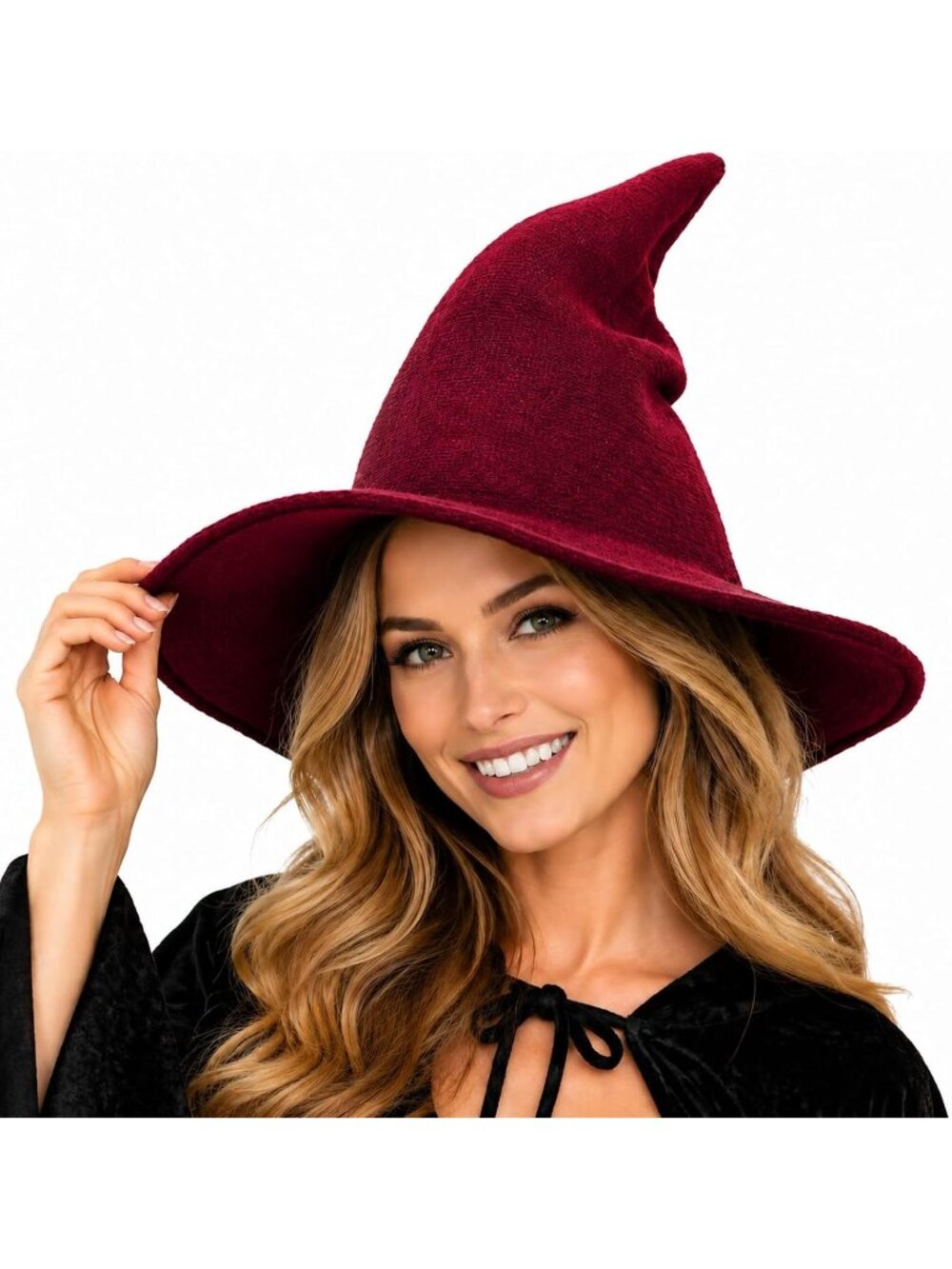 🎃 Unisex Maroon Wide Brim Spire Knit Masquerade Halloween Costume Witch Hat
